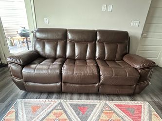Brown Leather Reclining Sofa with Nailhead Trim
