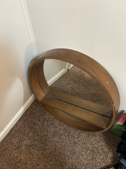 Circle Wood Framed Wall Mirror with Built-In Shelf