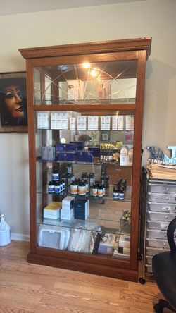 Large Oak Wood Glass Display Cabinet