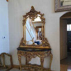 French Chateau Gold Console Table & Mirror