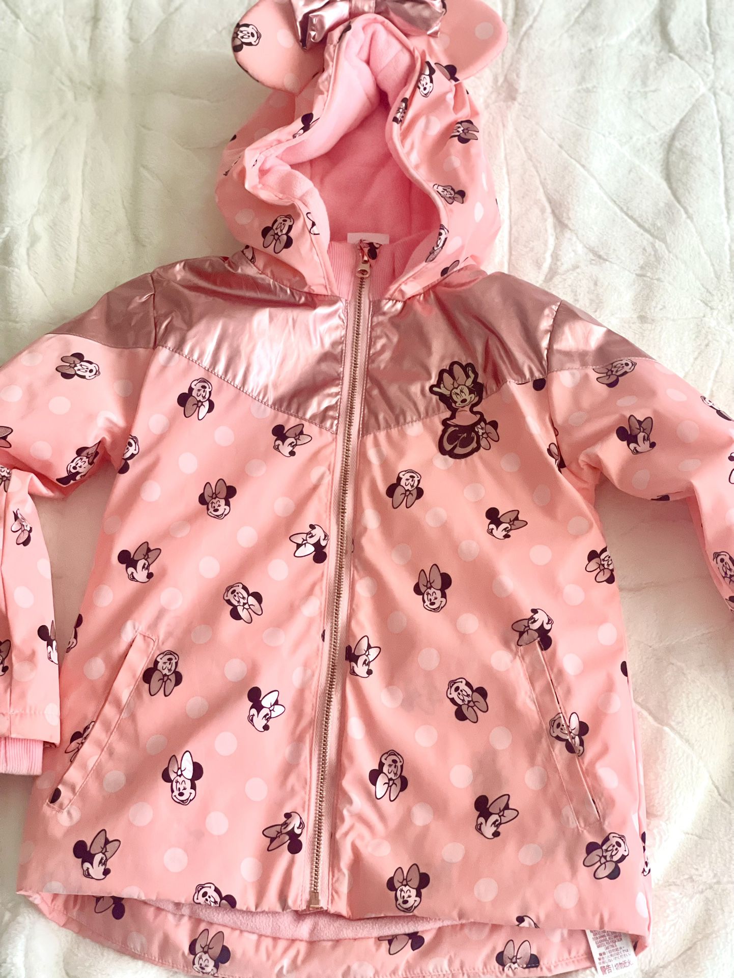 DISNEY MINNIE MOUSE EARS HOODED ROSE GOLD PINK RAINCOAT Sz 5/6