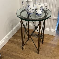 Regency Style Glass Top Steel & Brass Base End Table