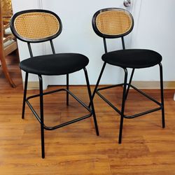 Cane Back, Velvet Seat Counter Height Bar Stools, Set Of 2 