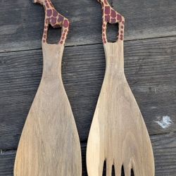 Hand-Carved Wooden Giraffe Salad Servers - Spoon & Fork Set - Safari African Style

