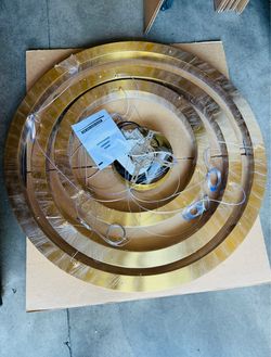 Modern 3-Ring LED Chandelier 40” Gold – Dimmable w/ Remote – New