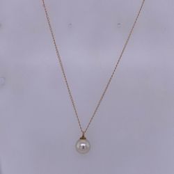 14K Yellow Gold Rolo Link Necklace With Round Pearl Stone Pendant 