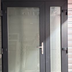 VEKA Entry Door with Side Panel & Top Glass – Anthracite Gray (Premium Design)