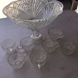 Antique Punch Bowl And 6 Cups