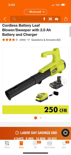 RYOBI ONE+ 18V 90 MPH 250 CFM Cordless Battery Leaf Blower/Sweeper with 2.0 Ah Battery and Charger