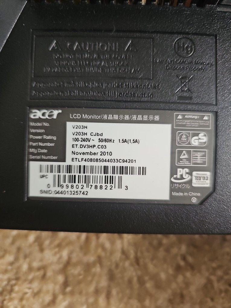 Acer 16x5 Inch Monitor Comes With Power Cord