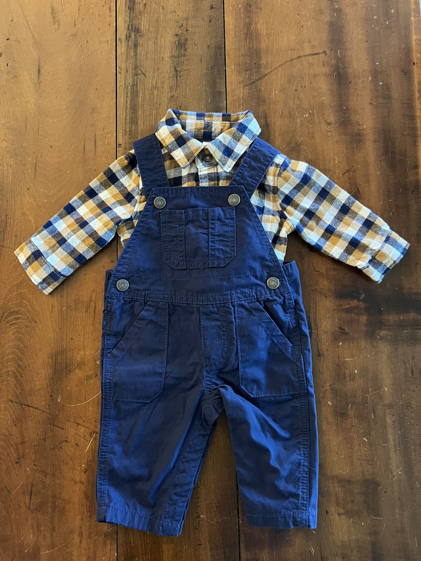 Carters Boys 3 Month Blue Overalls Tan Blue While Plaid Flannel Shirt Set NWOT