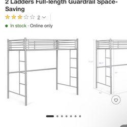 Bunk Bed Costway Twin Metal Loft Bed Frame w/ 2 Ladders Full-length Guardrail Space-Saving