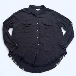 White Birch Small Black 100% Cotton Button-up Long Sleeve Shirt Raw Fringe Hem