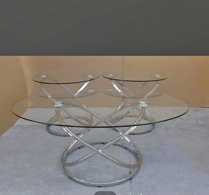 3 Pcs contemporary chrome oval coffee table and 2 round living room tables
