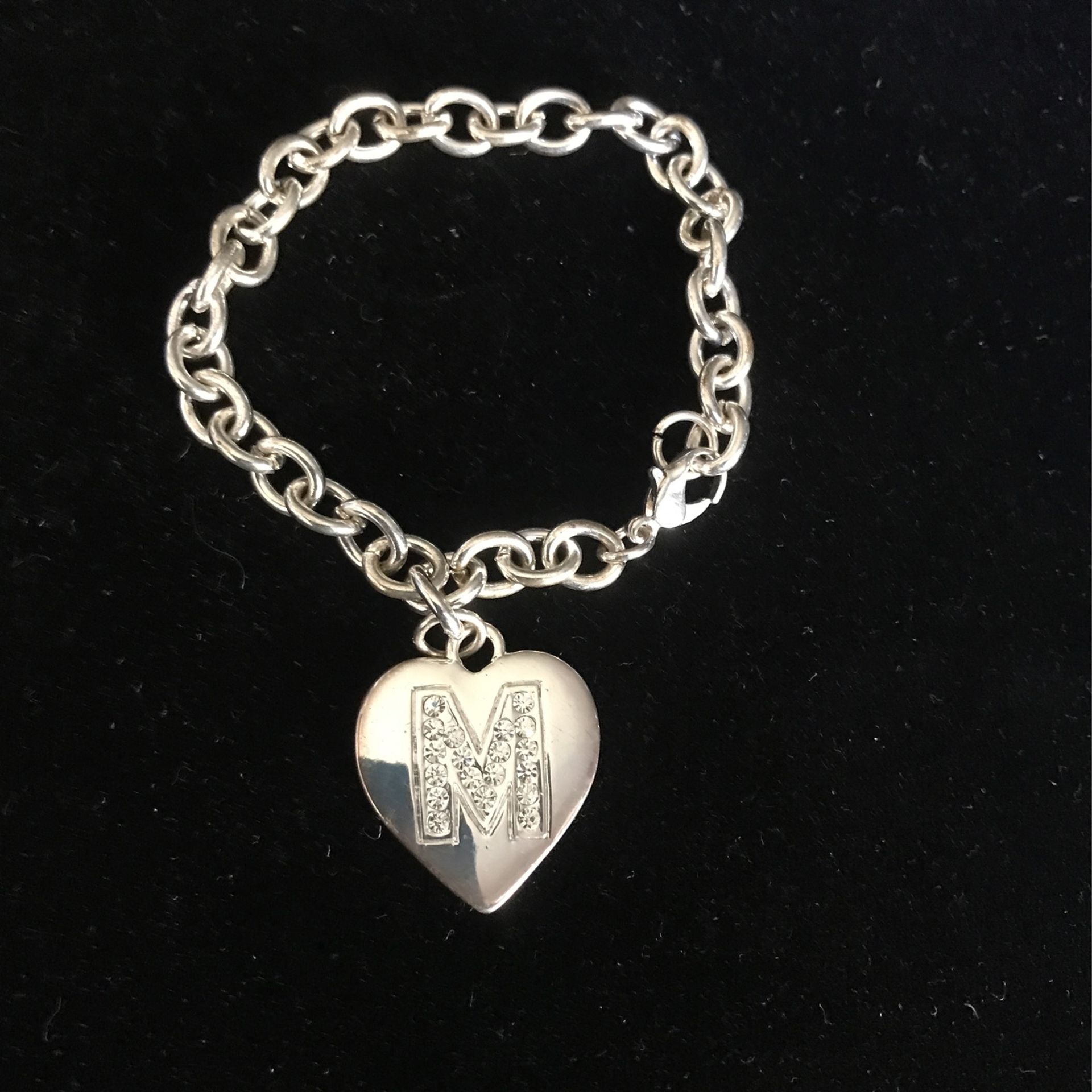 Vintage Silver Tone Heart Pendant With Clear Rhinestone Letter M New