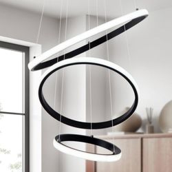 Astroluominate 3 Ring LED Pendant Light Black Adjustable Height N Design 16,12,8in Rings Like New 