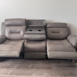 2 Brown Leather Reclining Sectional Couches w/ Table