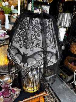 Vintage cut glass lamp base with brass, black goth fringe lace shade, whimsical moody Halloween