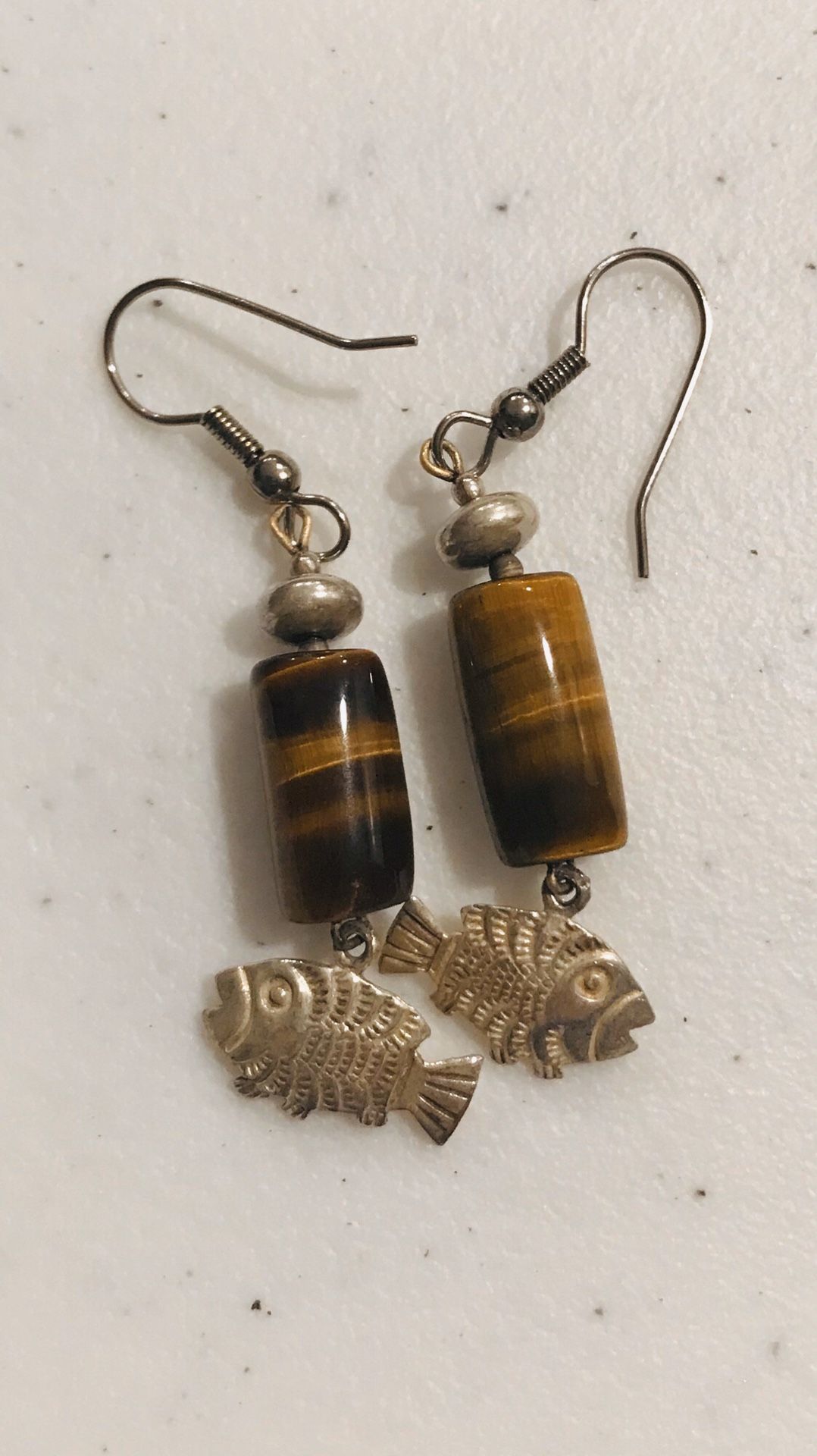 Tigers Eye and Sterling Silver Fish Earrings