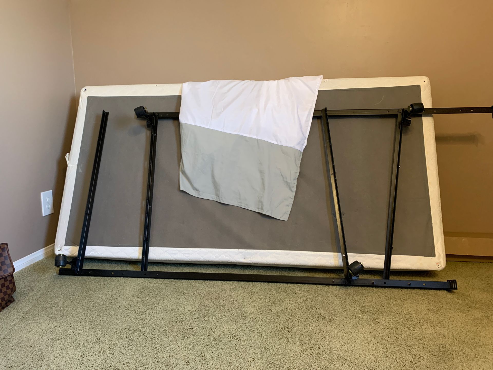 Twin size box spring, bed skirt and bed rail