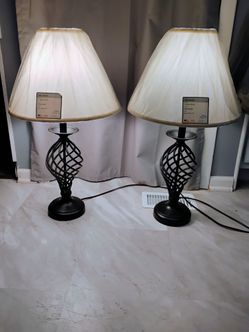 Pair of Adjustable Height 3-Way Black Wrought Iron Spiral Table Lamps