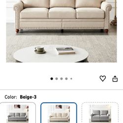 3 Seater Sofa Couch,Fabric with Nails Style/Easy Assembly,Beige