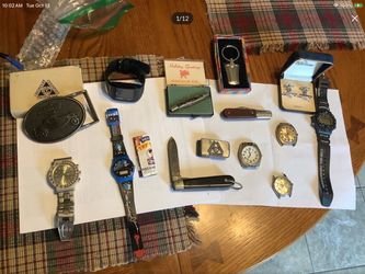 Men’s vintage watches and accessories, including 2 Timex watches, Lifelong watch, vintage pocket knives, collectible brass Chevrolet belt buckle, Fift