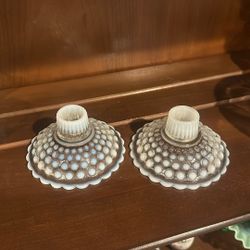 Anchor Hocking Opalescent Moonstone Hobnail Glass Candlestick Holders