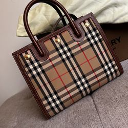 Burberry Title Two Handle Tote Leather With Vintage Check