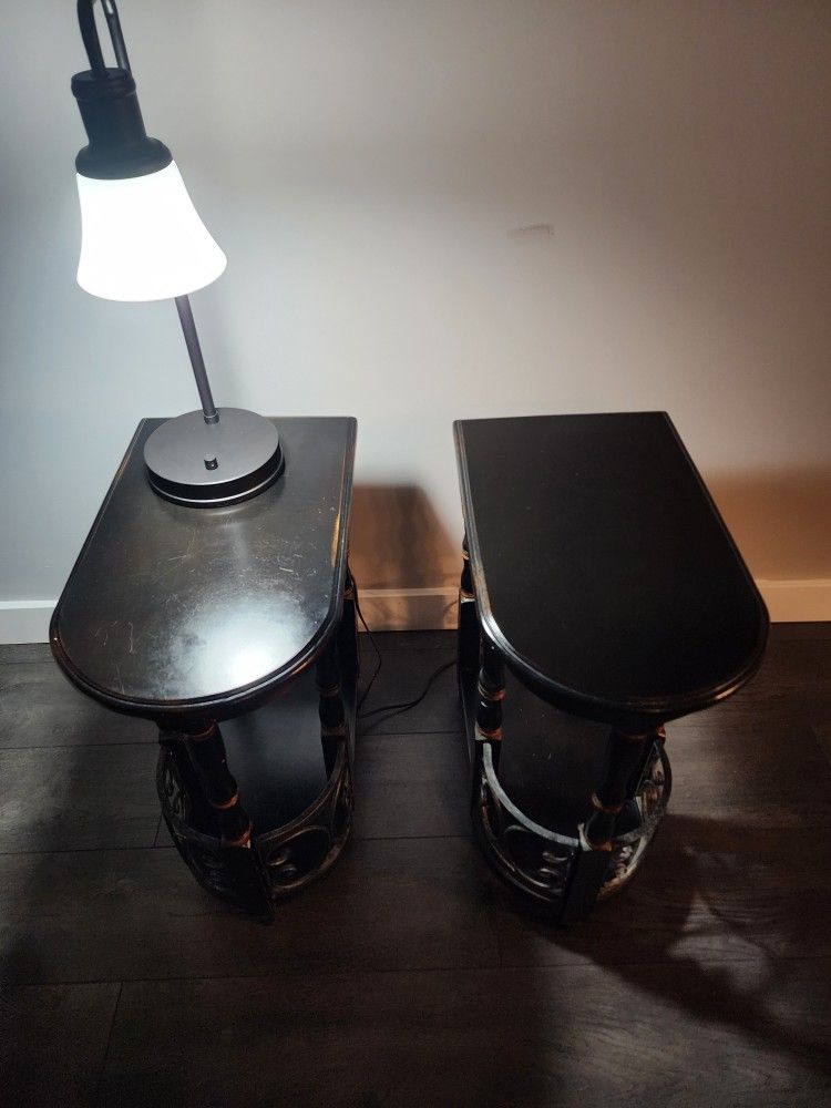 Pair of Black Side Tables with Lamp