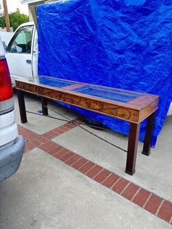 Large Glass Top Wood and Metal Console Table