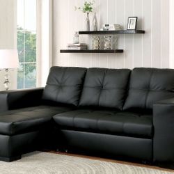 Brand New Black Leather Reversible Sectional Sofa Storage Converts Into Bed 