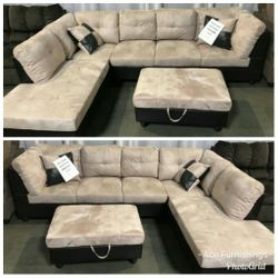Brand New Beige Microfiber Sectional With Storage Ottoman 