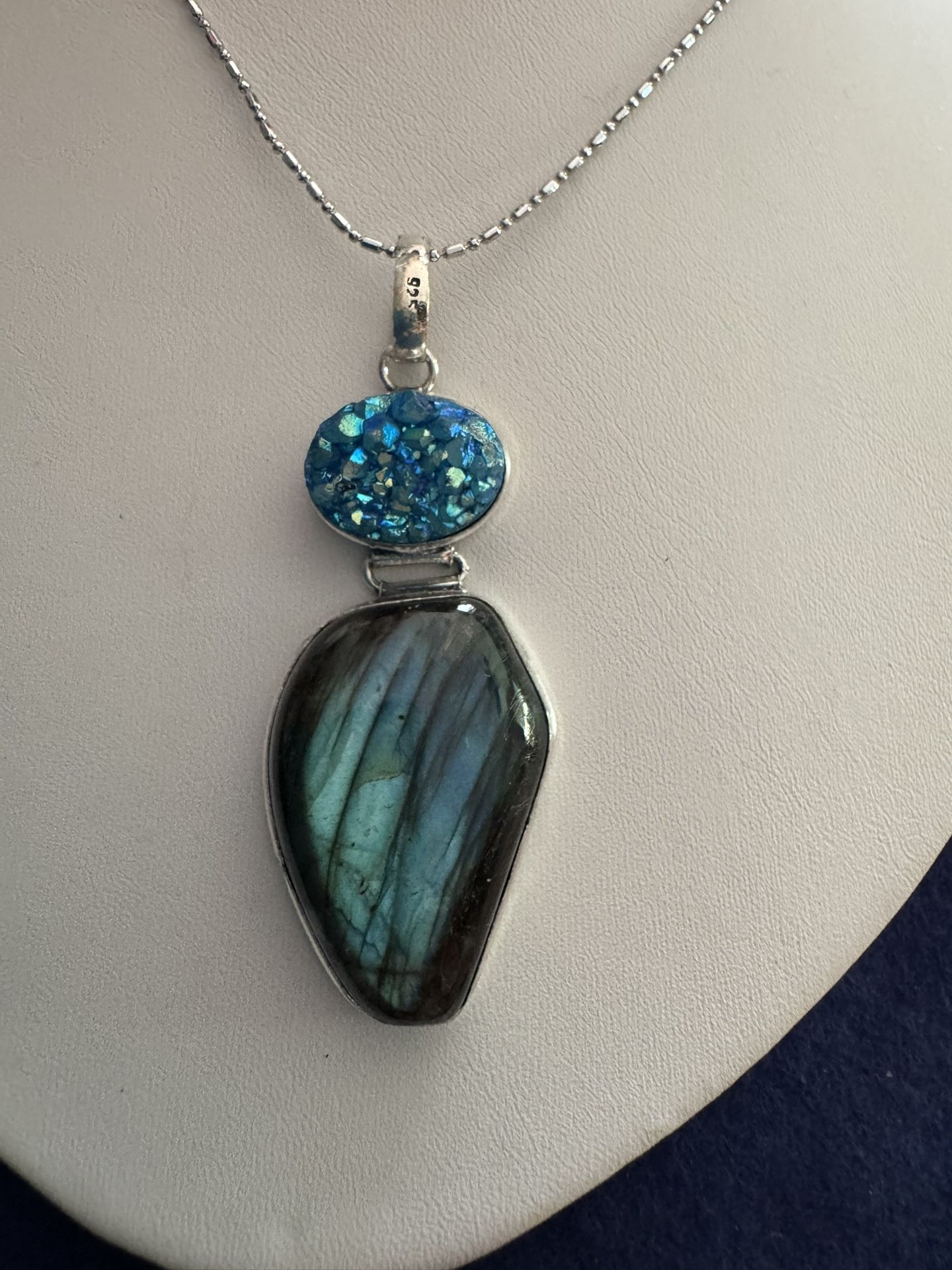 NEWER Large Labradorite Stone with Blue Druzy Quartz Stone Set in Sterling