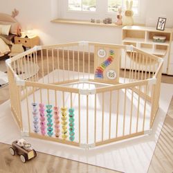 Baby Playpen, Adjustable Shape Play Pen for Toddlers 1-3 Years Foldable Playpen Large Collapsible Wooden Fence Panels with Toys Indoor Play Yard for B