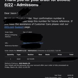 Drake And 21 Savage Concert Ticket 6/22