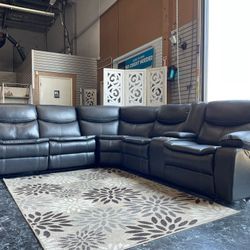 Gray Leather Power Reclining Sectional