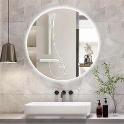 Espejos 24 Inch Round LED Bathroom Mirror Backlit Anti-Fog 3 Colors Light Dimmable Wall Mounted Lighted Bathroom Vanity Mirror Smart Makeup Mirror wit