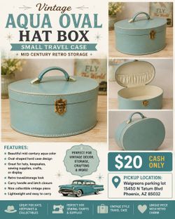 Vintage Aqua Oval Hat Box / Small Travel Case – Mid Century Retro Storage