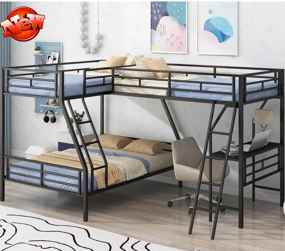 Black Twin Over Full Bunk Bed with Twin Size Loft Bed and Desk 