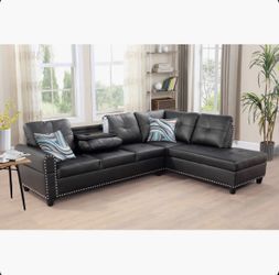 BRAND NEW IN BOX Black Faux Leather Sectional Sofa and Cup Holders