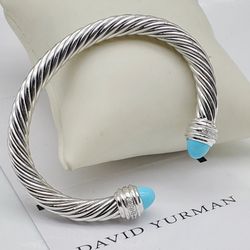 David Yurman 7mm Sterling Silver Cable With Turquoise & Diamonds Bracelet Sz M