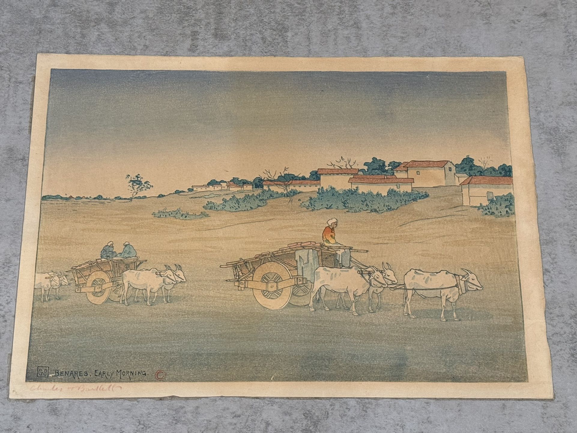 Charles W. Bartlett Antique Woodblock Print Of Benares Early Morning India 1919