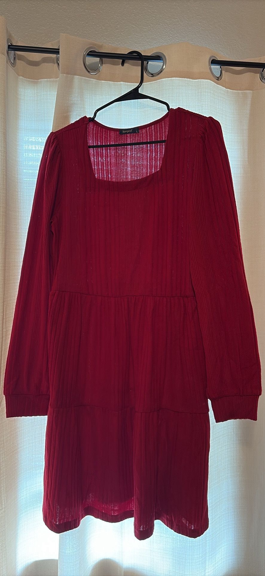 Burgundy Square Neck Long Sleeve Fall Dress
