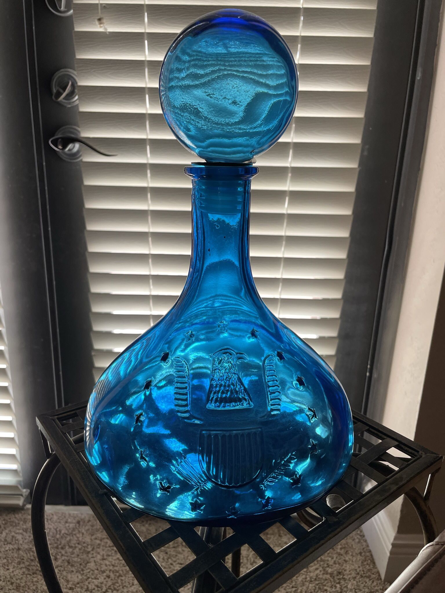 Vintage Large Blue Glass Decanter With American Eagle and "Freedom For Our Ship" On Bottle 