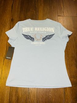 🔥 NWT True Religion Women’s V-Neck Tee Dusty Blue Size Medium |