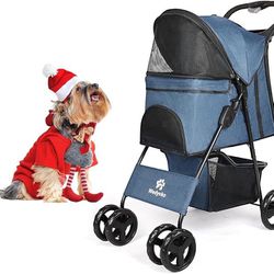 Upgrade Pet Dog Stroller, Handle 360° Wheel Foldable Dogs Stroller with Storage Basket and Cup Holder for Small Medium Dogs & Cats (Navy)