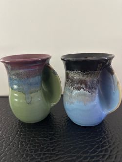 Neher 2025 Art Pottery Warmer Coffee Mug Purple Green Blue Set Of 2Pre-Owned