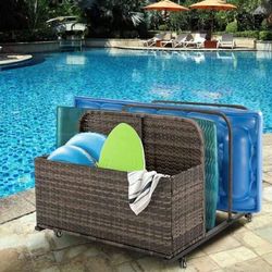 Barton Rolling Toy Caddy All-Wicker Outdoor Patio Furniture Organizer Wicker Box Float Deck Rolling Holder Bench
