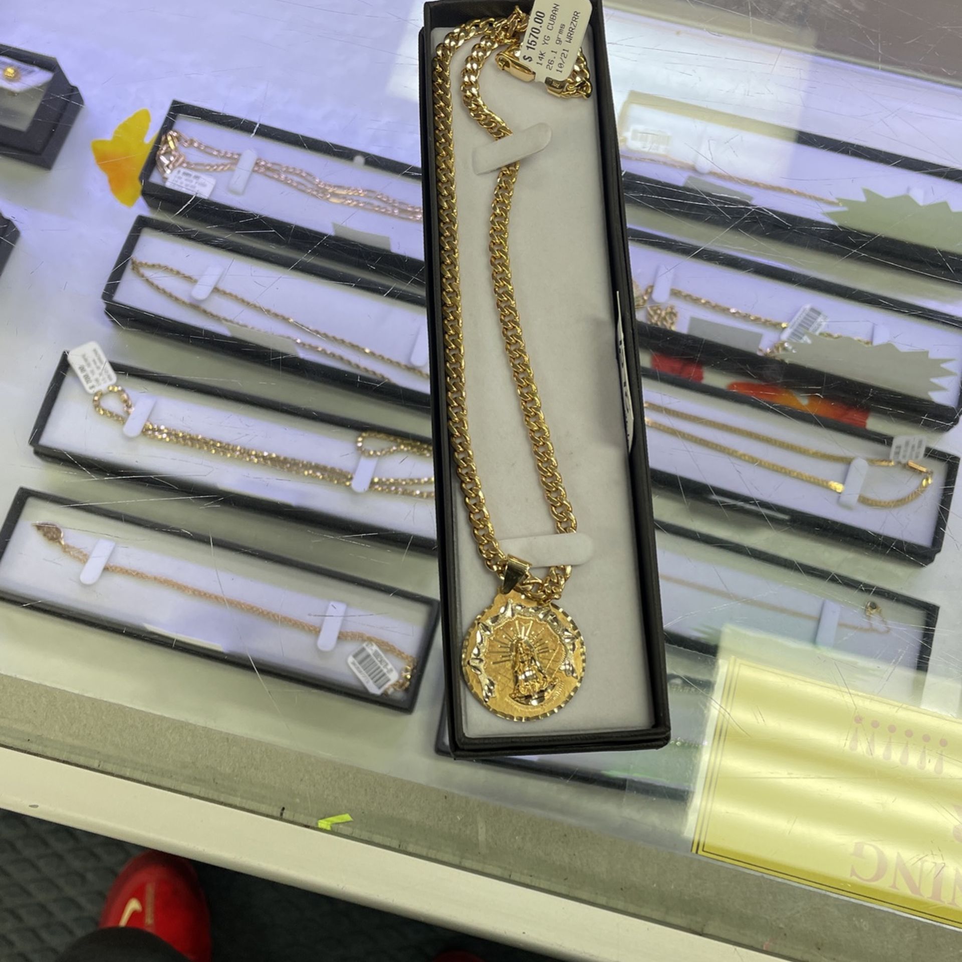 14K Gold Cuban Link Necklace W/ Religious Pendant (26.1g) 